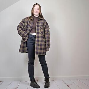 Vintage 90s Y2K Plaid Flannel Quilt Shacket Navy Tan XL